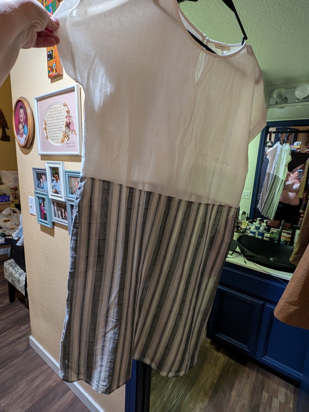 Cream Linen Blend Striped Midi Dress Size L NWT